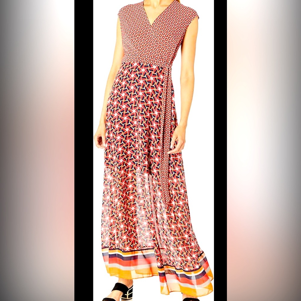 Taylor Geometric Patterned Navy & Orange Partially Lined Maxi Dress